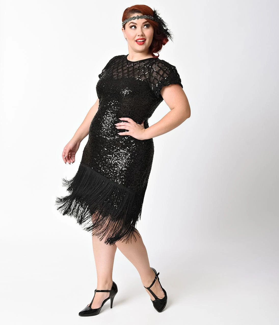 Unique Vintage Plus Size 1920s Black Sequin Fringe Del Mar Flapper Dress - Image 3