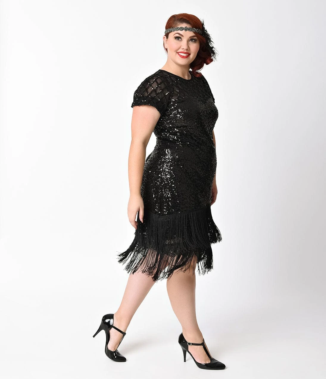 Unique Vintage Plus Size 1920s Black Sequin Fringe Del Mar Flapper Dress - Image 4