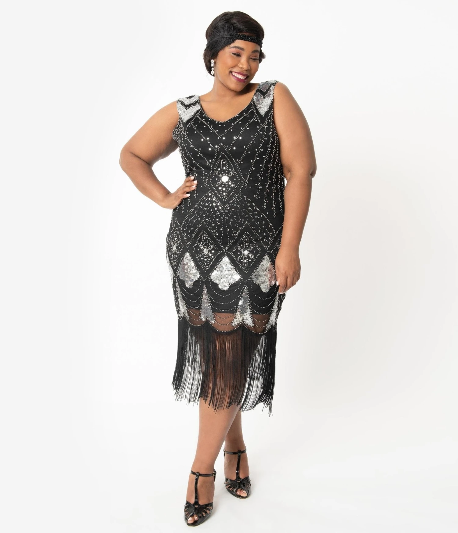 Unique Vintage Plus Size 1920s Black & Silver Sequin Lina Fringe Flapper Dress