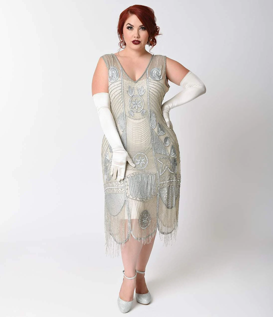 Unique Vintage Plus Size 1920s Style Silver Beaded Fringe Bosley Flapper Dress - Image 5