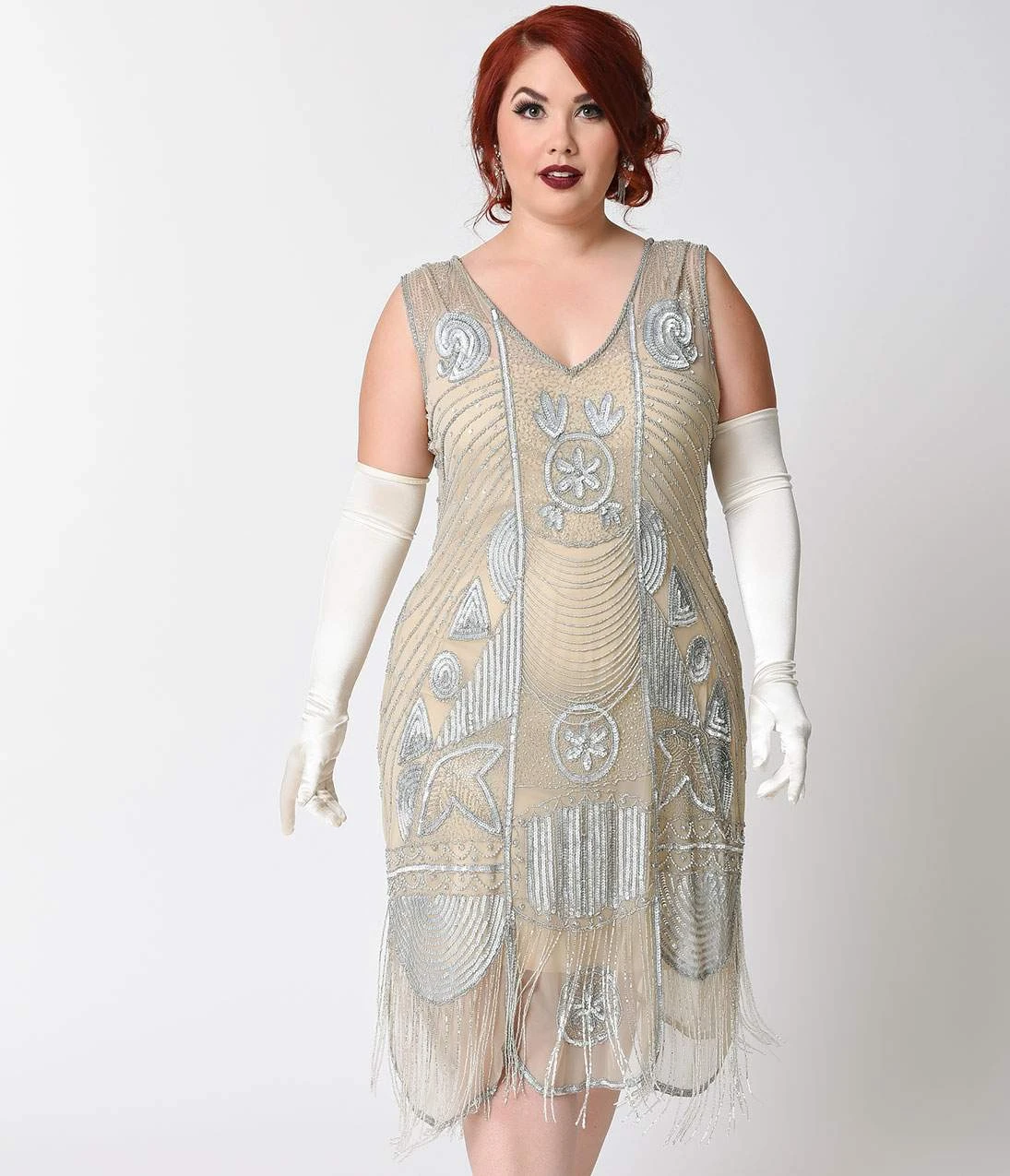 Unique Vintage Plus Size 1920s Style Silver Beaded Fringe Bosley Flapper Dress - Image 3