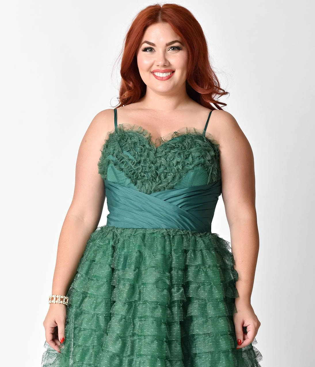 Unique Vintage Plus Size 1950s Emerald Green Ruffled Tulle Sweetheart Cupcake Swing Dress - Image 2