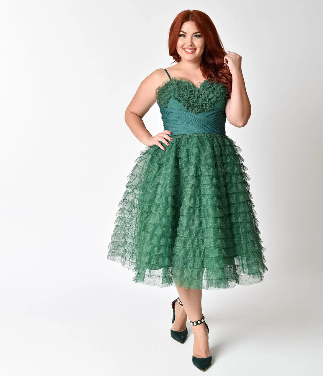 Unique Vintage Plus Size 1950s Emerald Green Ruffled Tulle Sweetheart Cupcake Swing Dress - Image 4