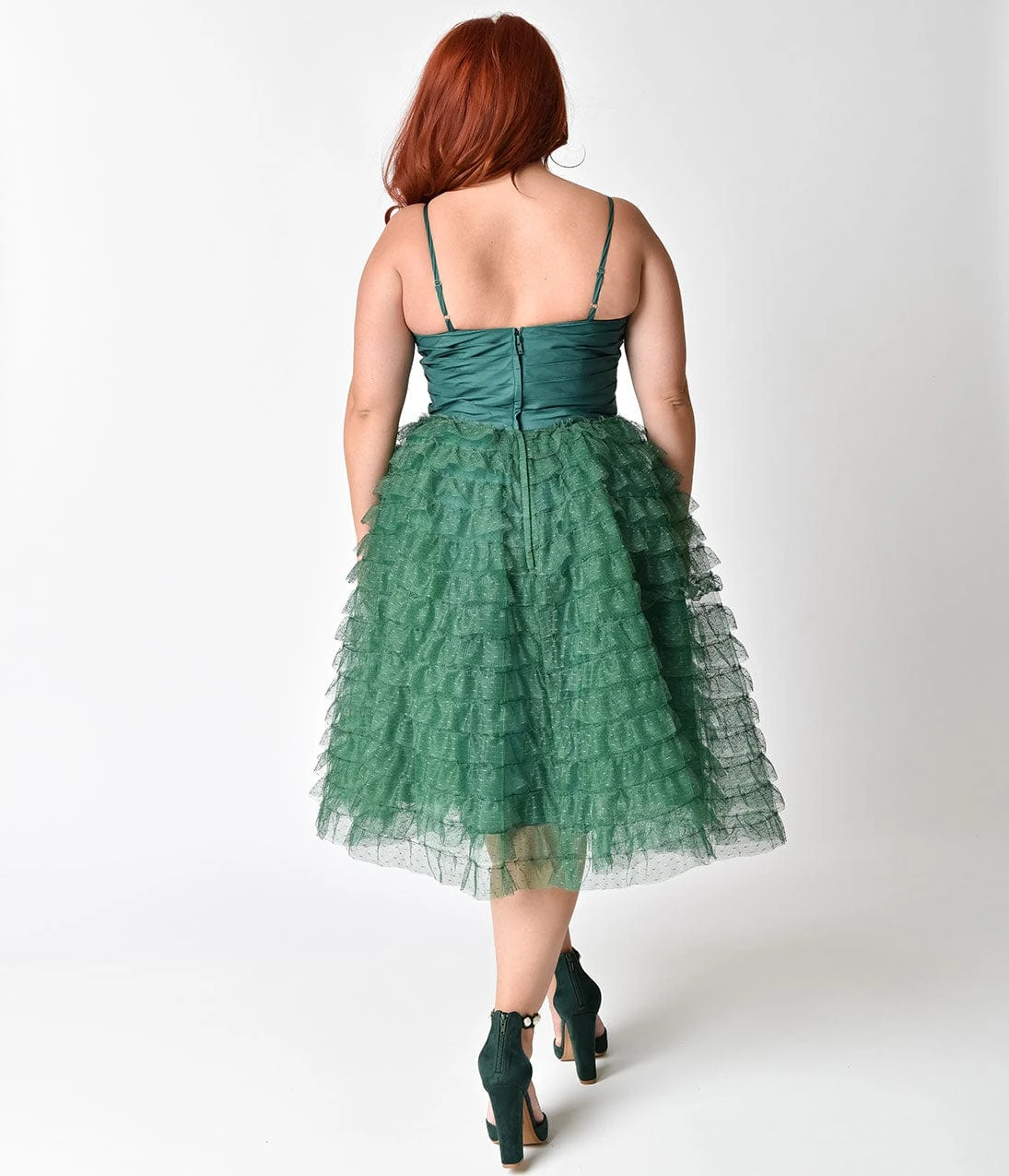 Unique Vintage Plus Size 1950s Emerald Green Ruffled Tulle Sweetheart Cupcake Swing Dress - Image 5