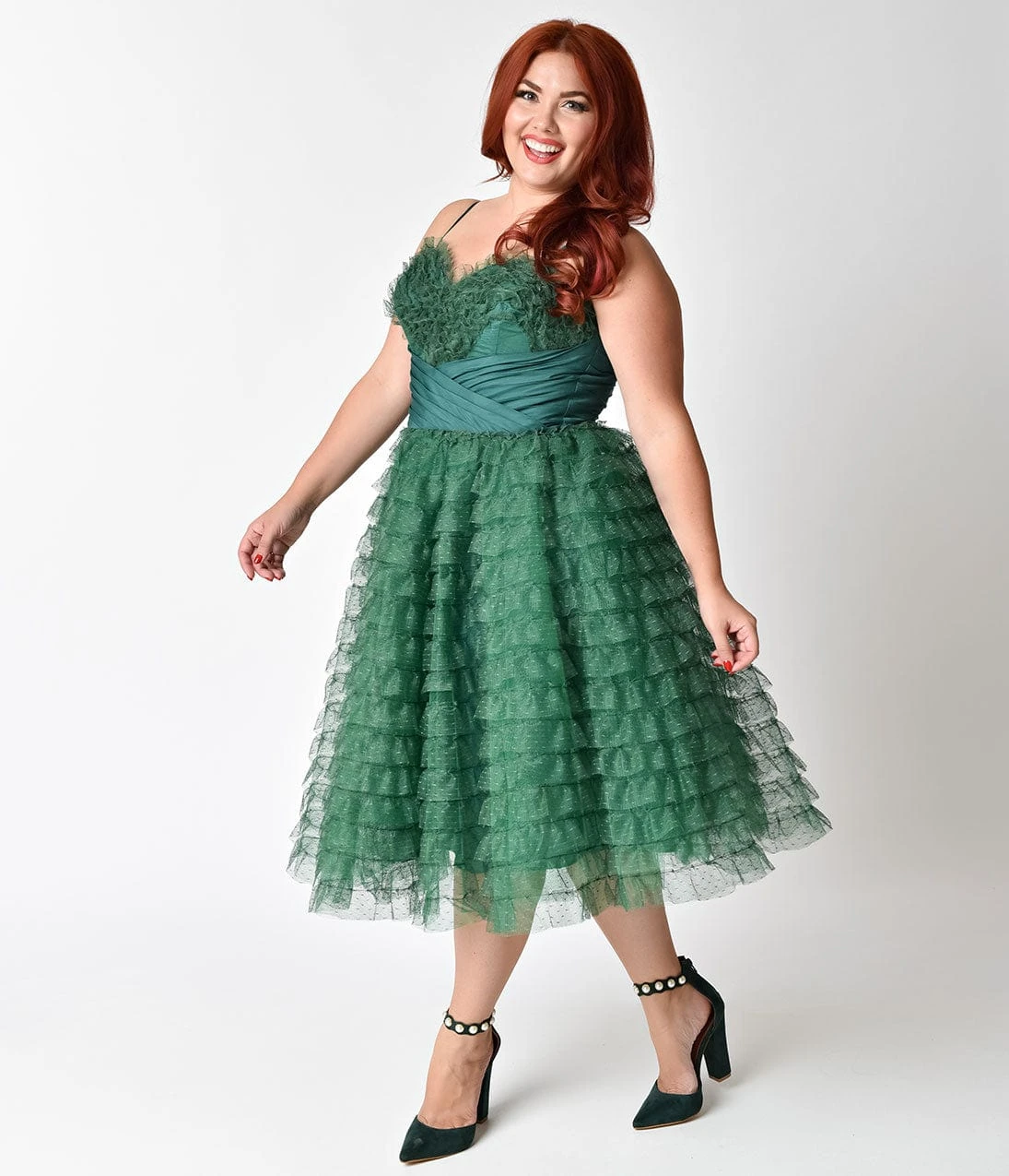 Unique Vintage Plus Size 1950s Emerald Green Ruffled Tulle Sweetheart Cupcake Swing Dress - Image 3