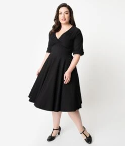 Unique Vintage Plus Size Black Delores Swing Dress With Sleeves