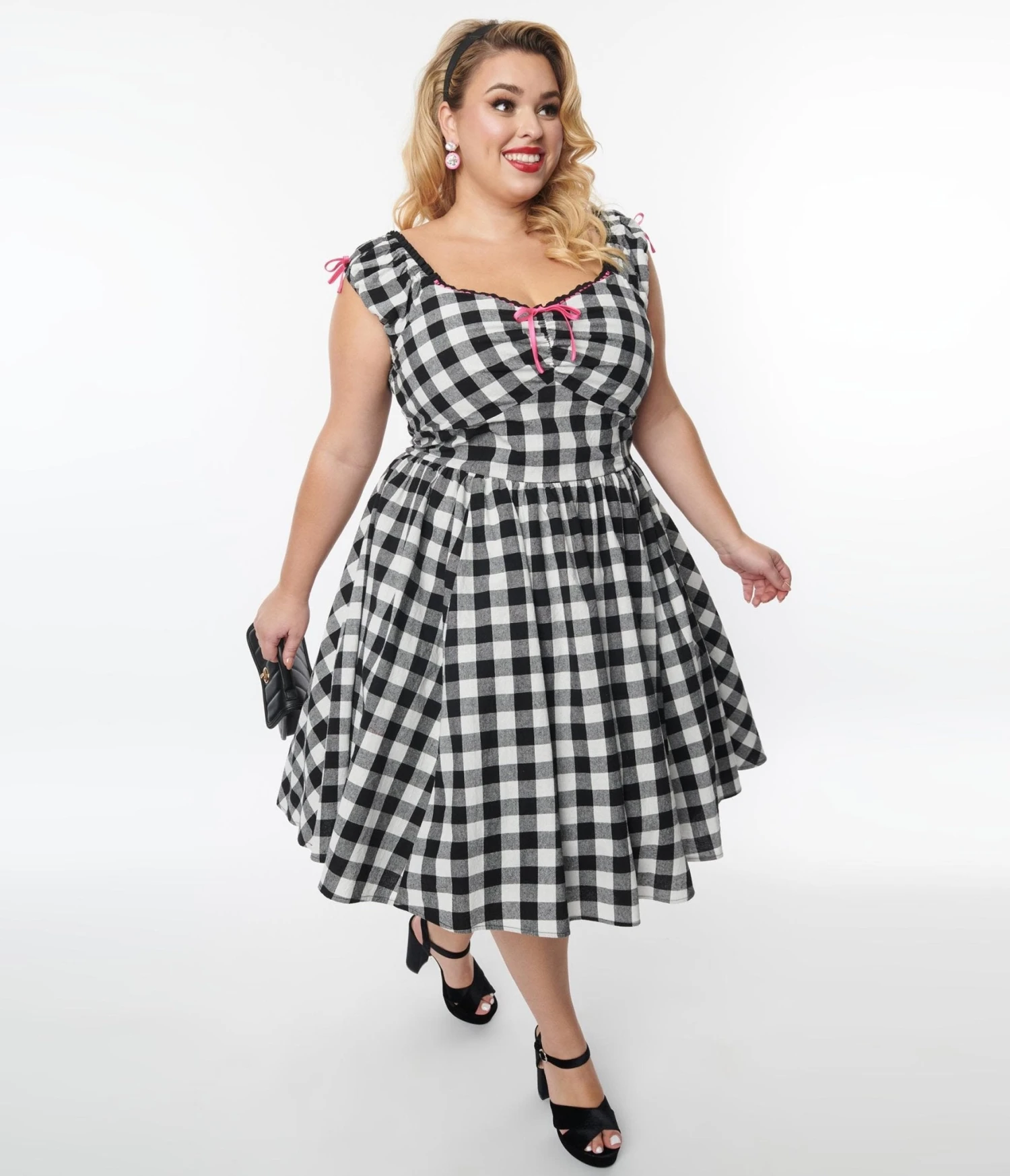 Unique Vintage Plus Size Black Gingham Cap Sleeve Swing Dress - Image 4