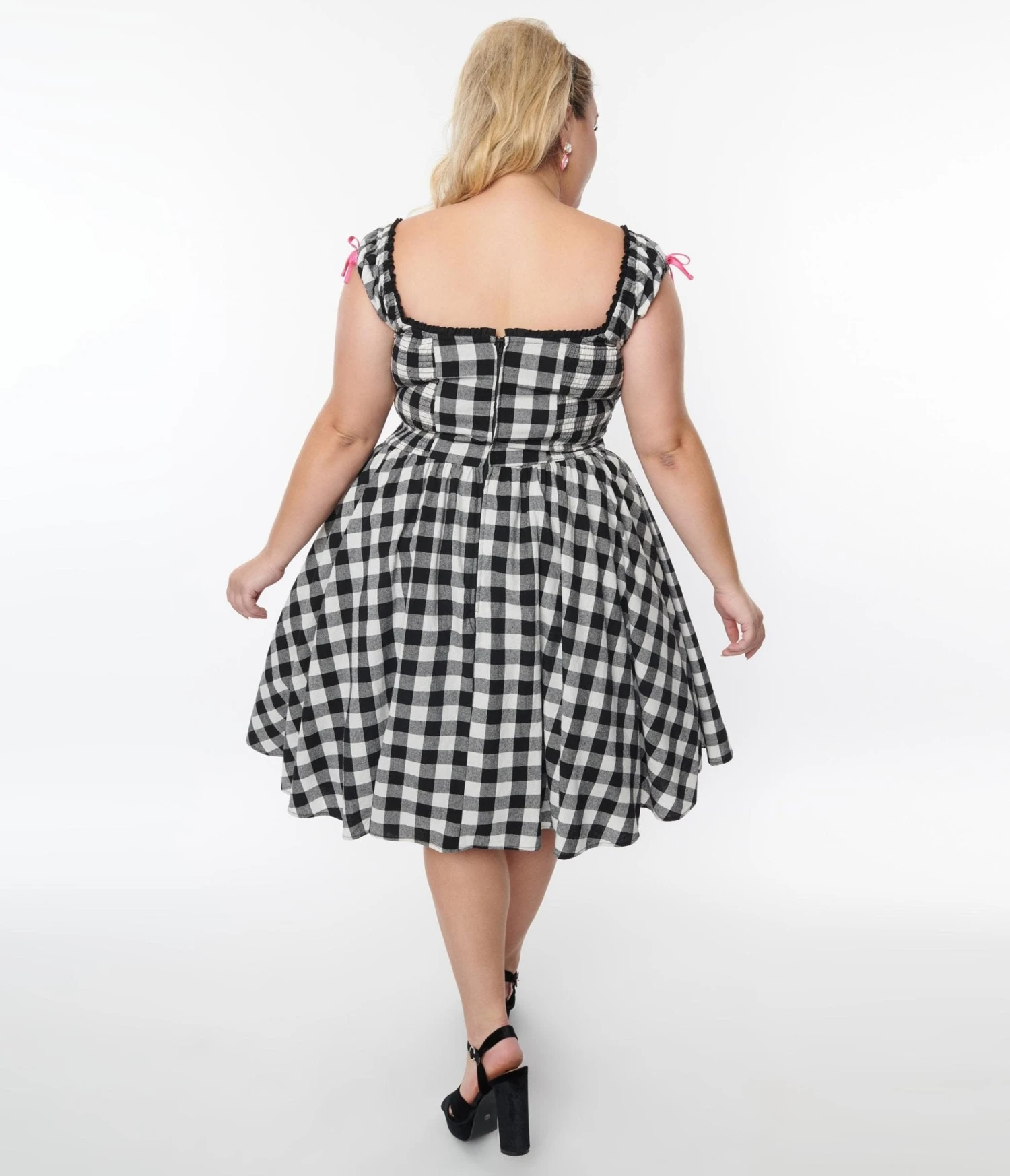 Unique Vintage Plus Size Black Gingham Cap Sleeve Swing Dress - Image 3
