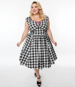 Unique Vintage Plus Size Black Gingham Cap Sleeve Swing Dress