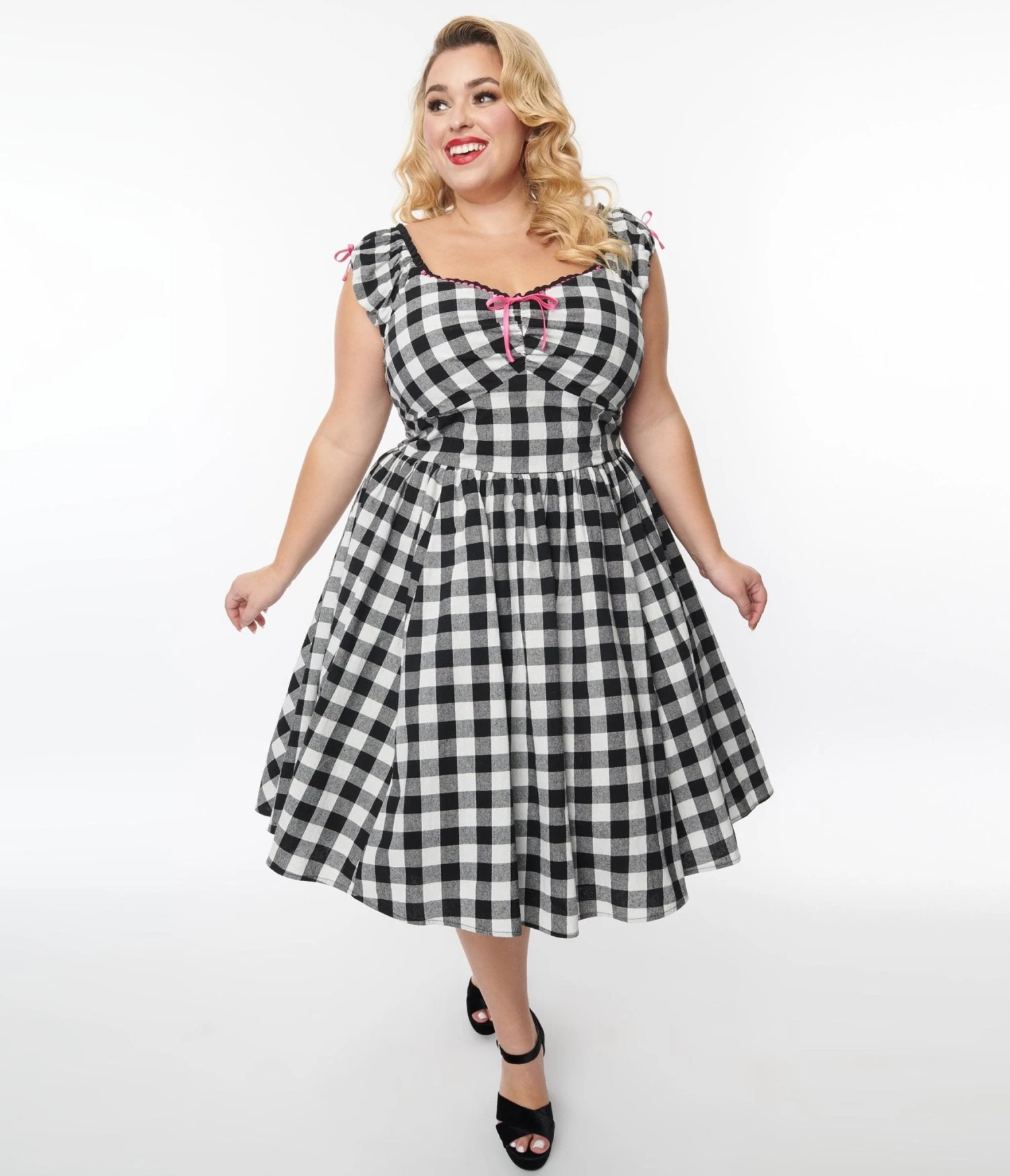 Unique Vintage Plus Size Black Gingham Cap Sleeve Swing Dress