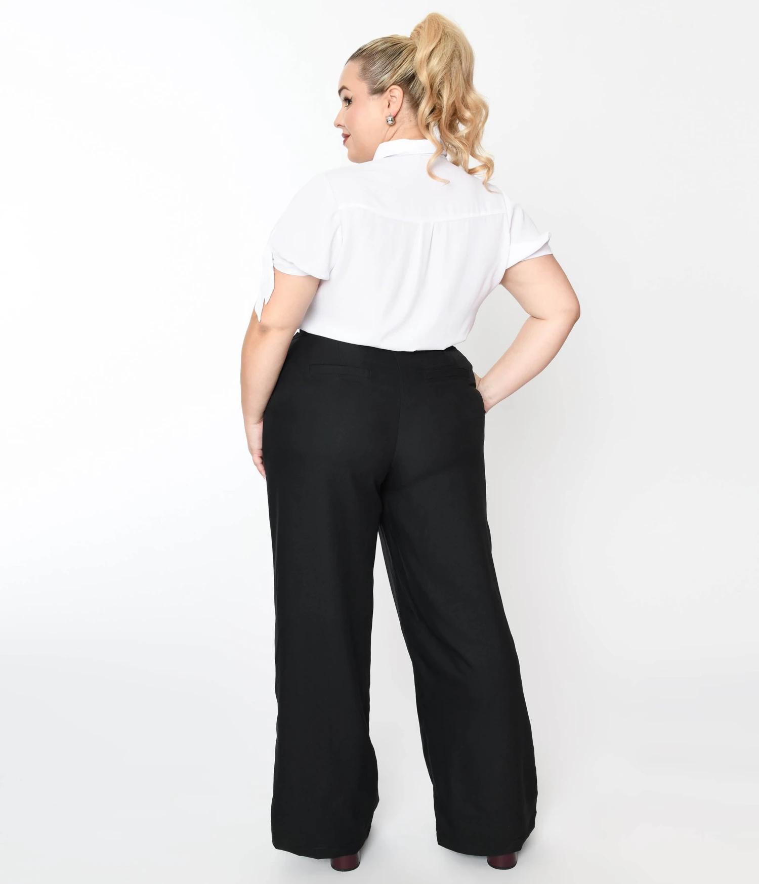Unique Vintage Plus Size Black High Waist Wide Leg Tab Pants - Image 3