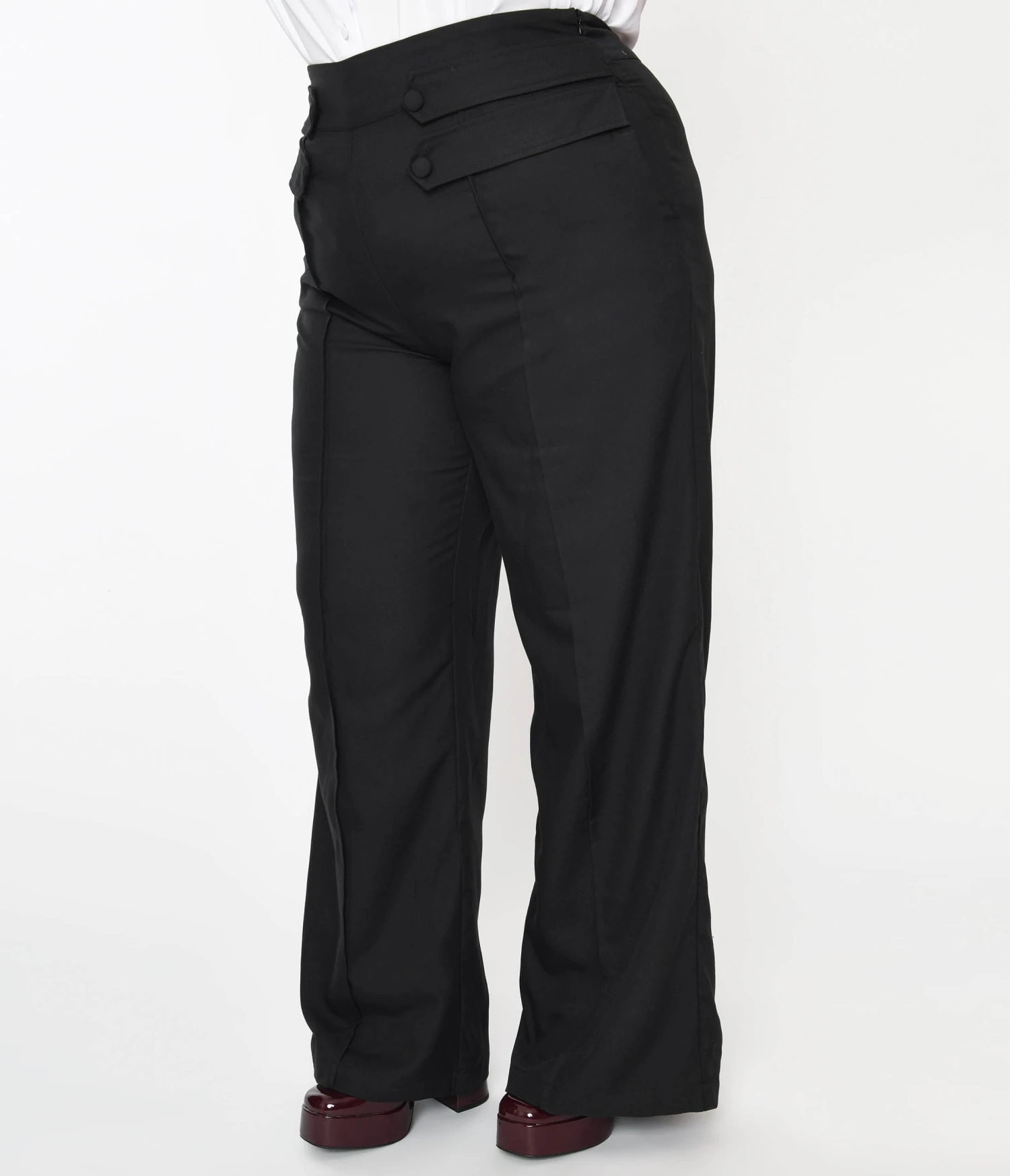 Unique Vintage Plus Size Black High Waist Wide Leg Tab Pants - Image 2