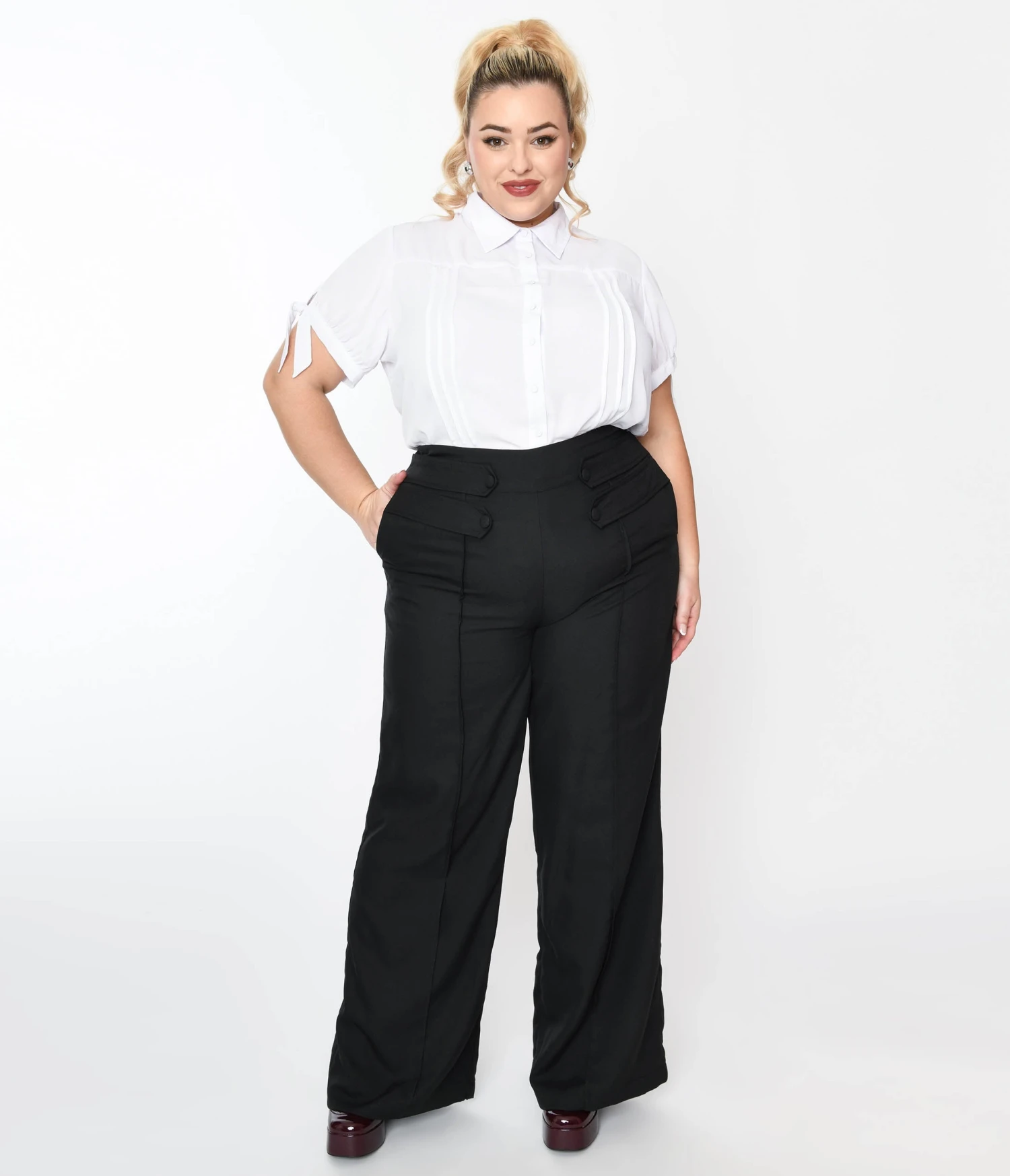 Unique Vintage Plus Size Black High Waist Wide Leg Tab Pants