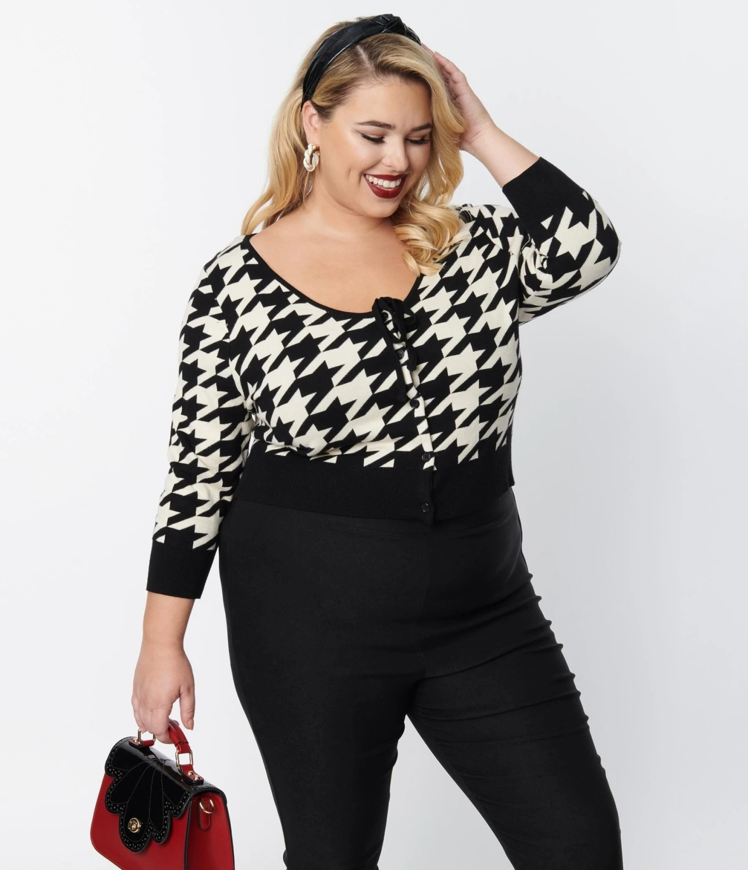 Unique Vintage Plus Size Black & Ivory Houndstooth Dandy Cardigan - Image 5