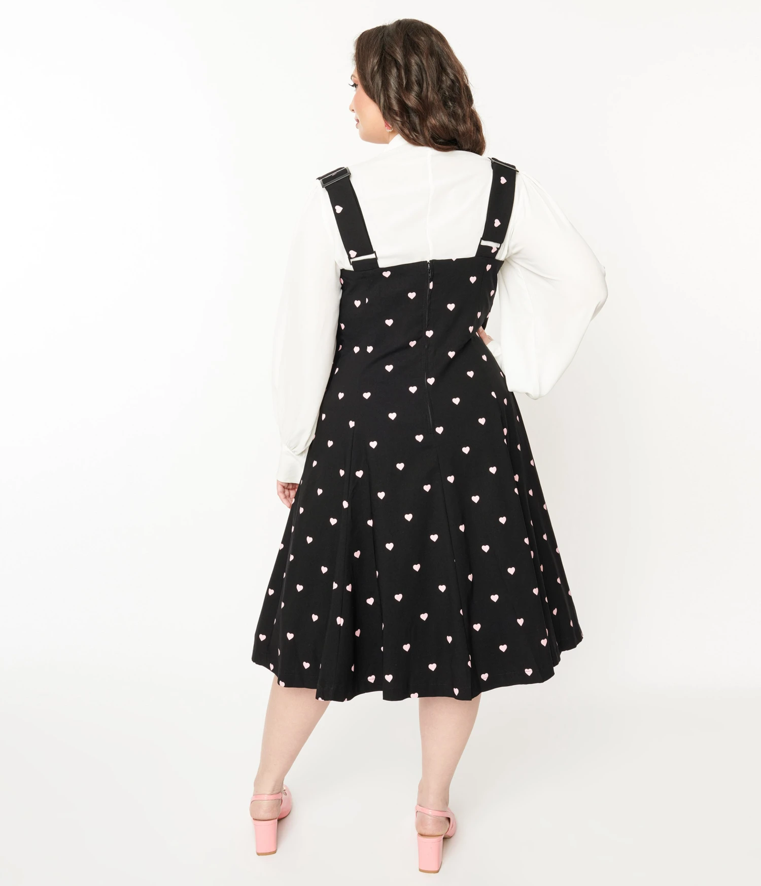 Unique Vintage Plus Size Black & Pink Heart Amma Suspender Swing Skirt - Image 3