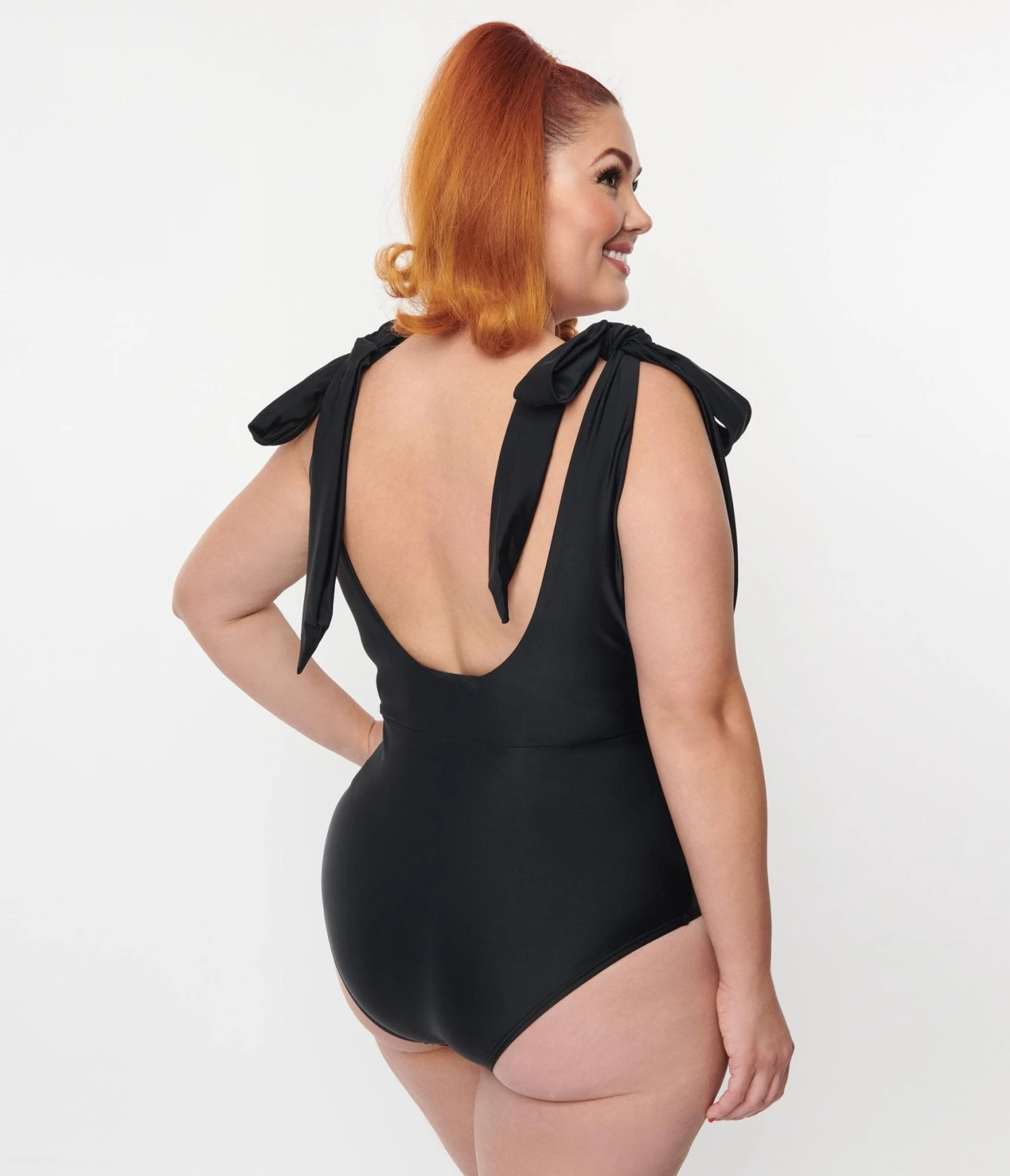 Unique Vintage Plus Size Black Plunge One Piece Swimsuit - Image 2