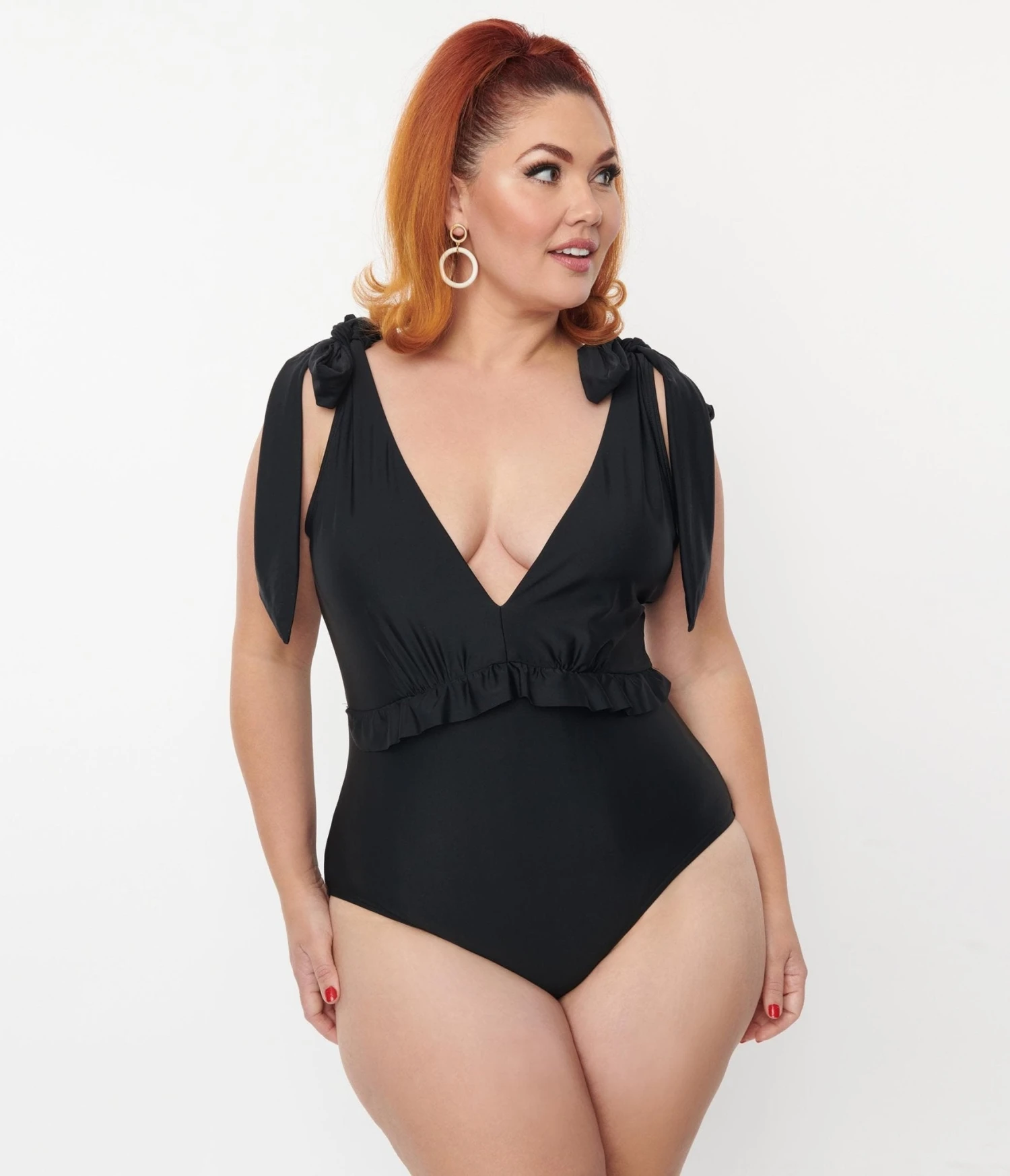 Unique Vintage Plus Size Black Plunge One Piece Swimsuit - Image 5