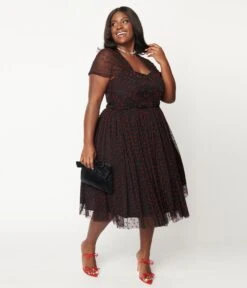 Unique Vintage Plus Size Black & Red Hearts Garden State Swing Dress