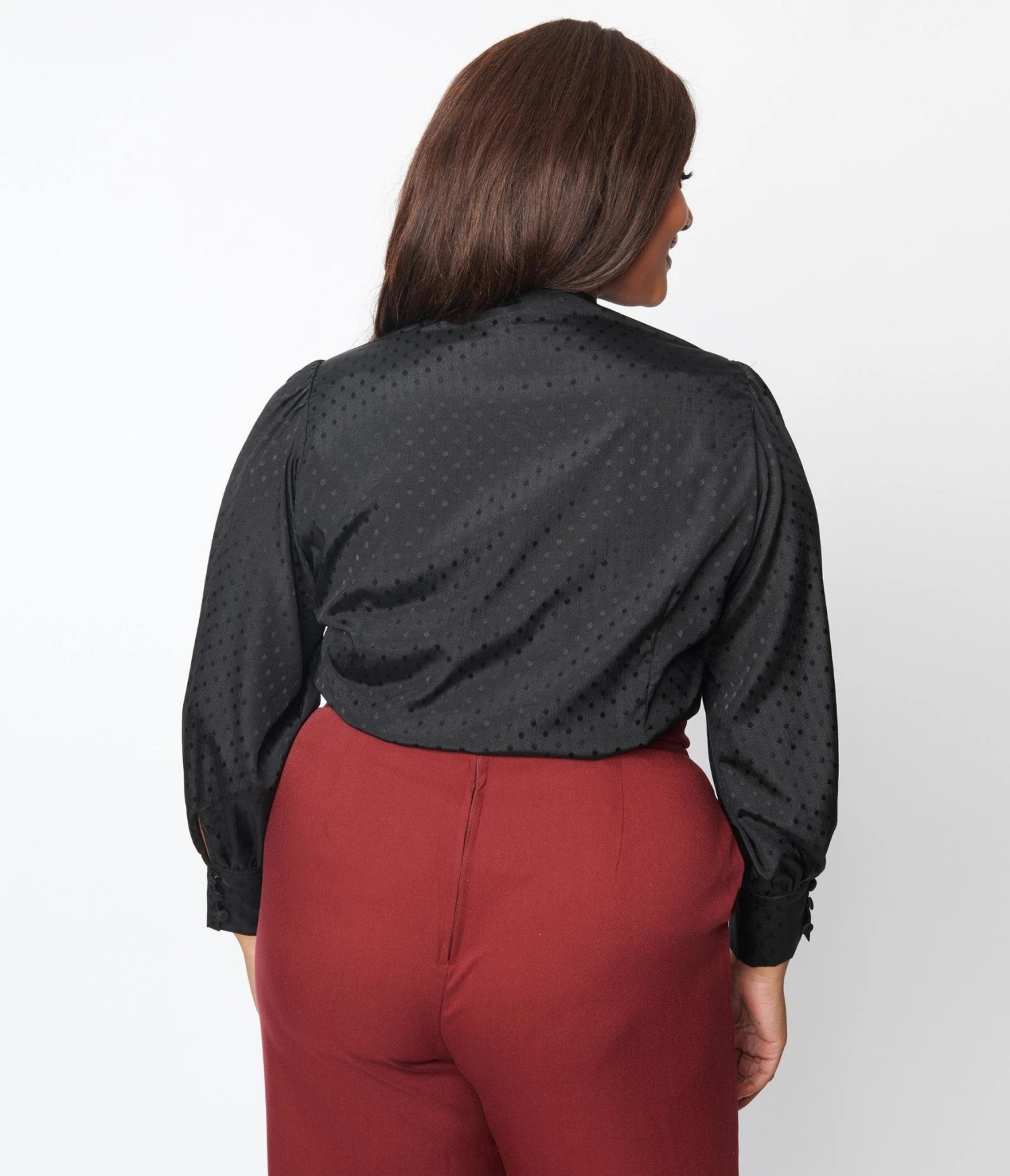 Unique Vintage Plus Size Black Satin Polka Dot Gwen Blouse - Image 3