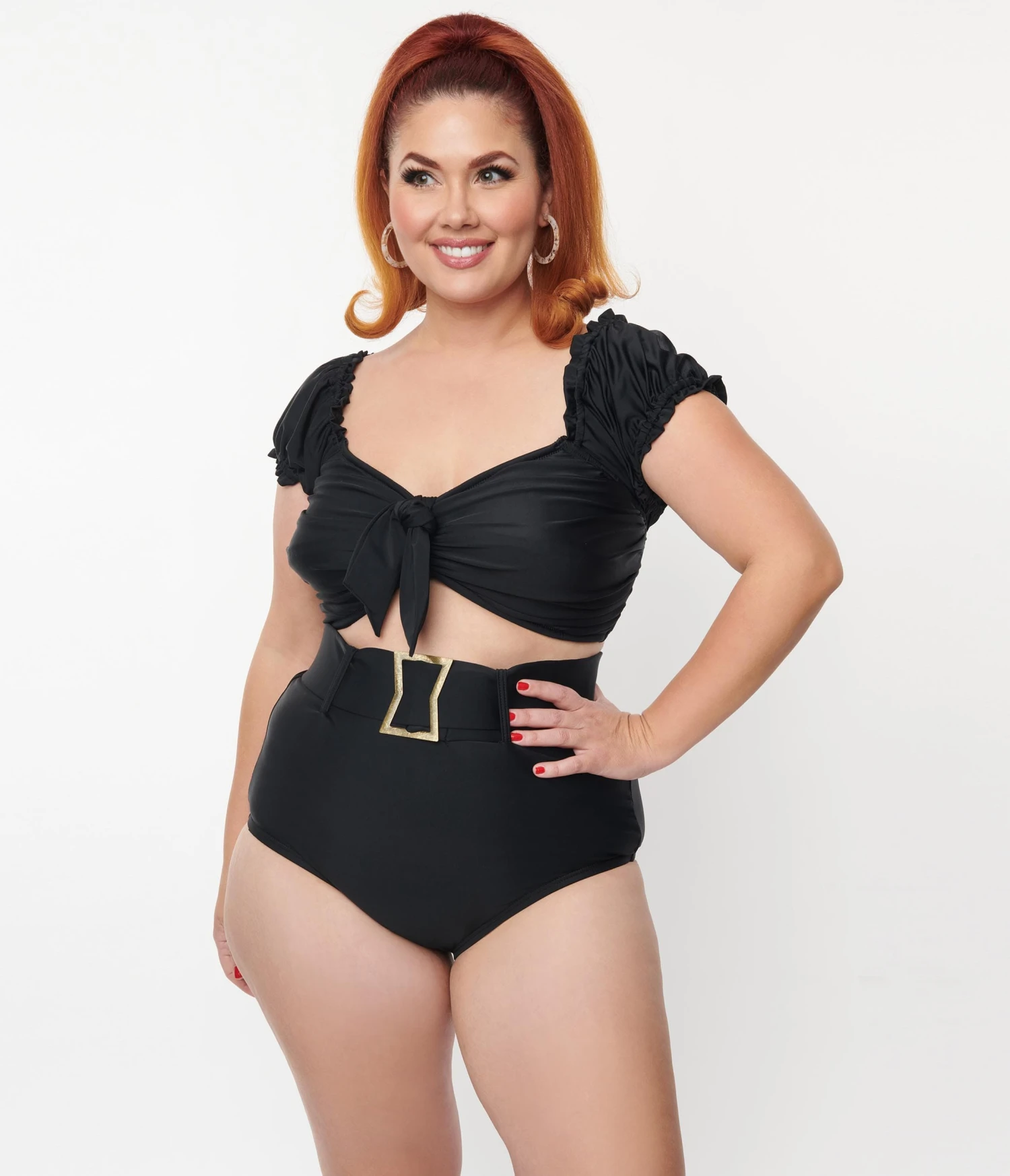 Unique Vintage Plus Size Black Shirred Bow Bandeau Swim Top - Image 4