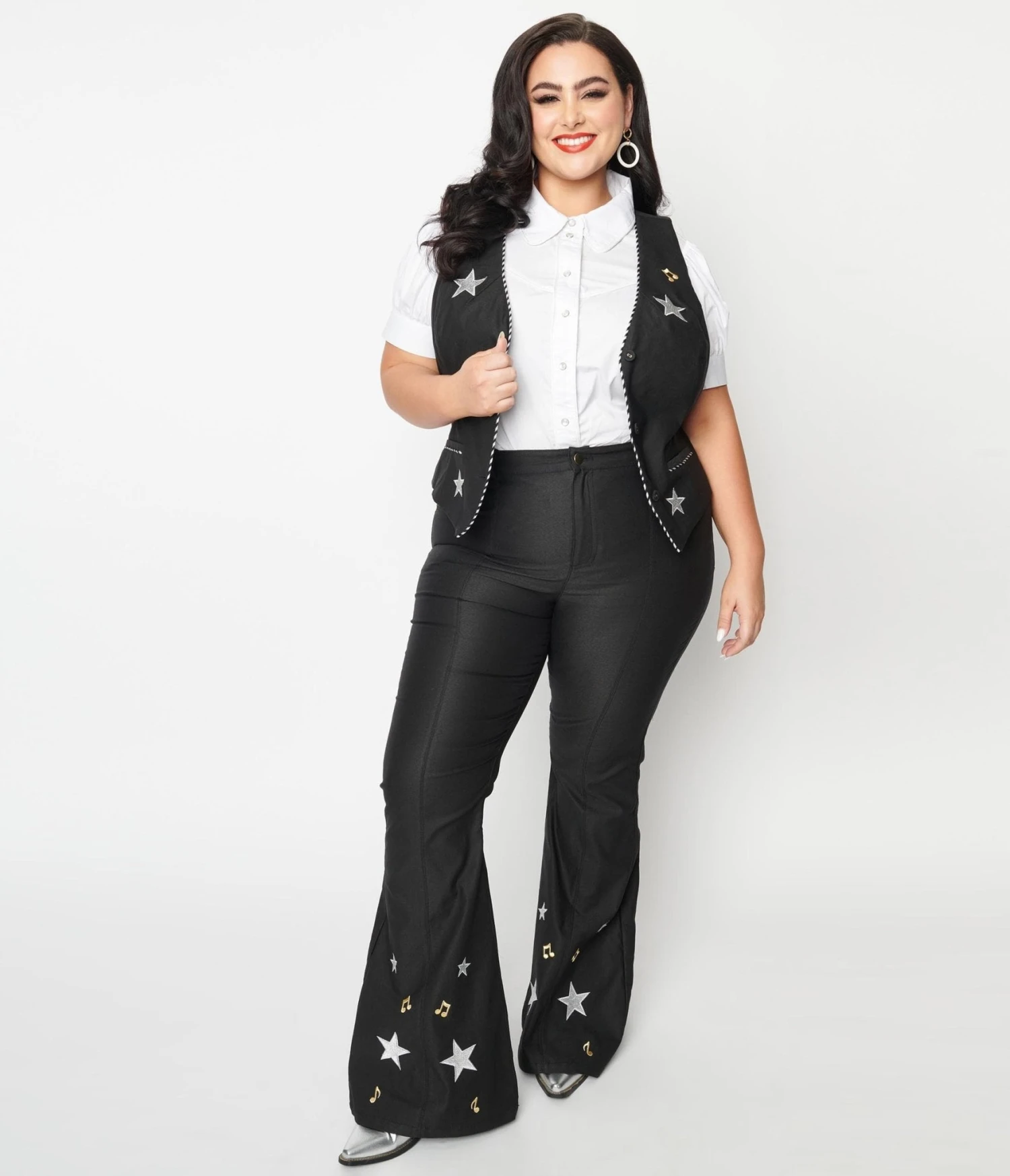 Unique Vintage Plus Size Black Stars & Music Notes Flare Jeans - Image 4