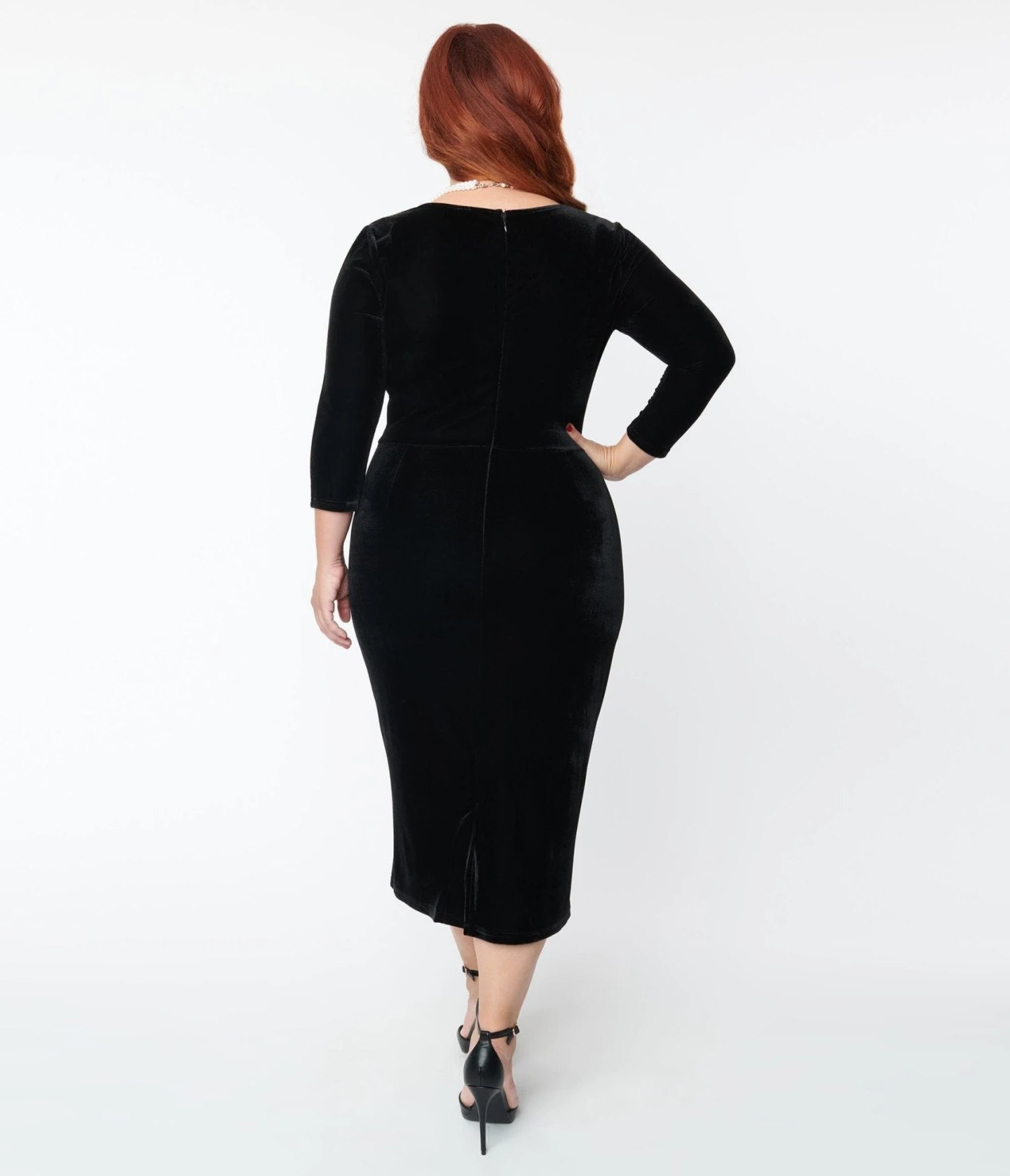 Unique Vintage Plus Size Black Velvet Sleeved Mod Wiggle Dress - Image 2
