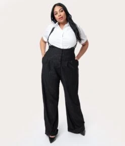 Unique Vintage Plus Size Black & White Pin Stripe Thelma Suspender Pants