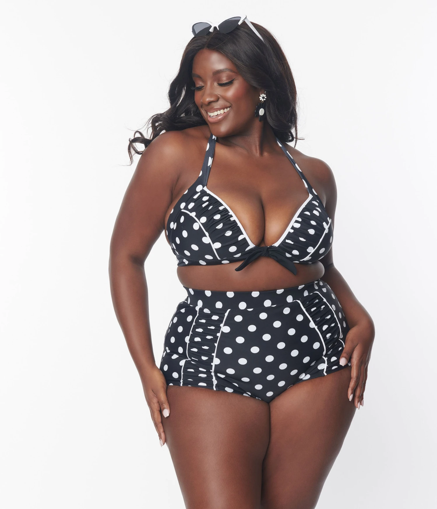 Unique Vintage Plus Size Black & White Polka Dot Halter Swim Top - Image 3