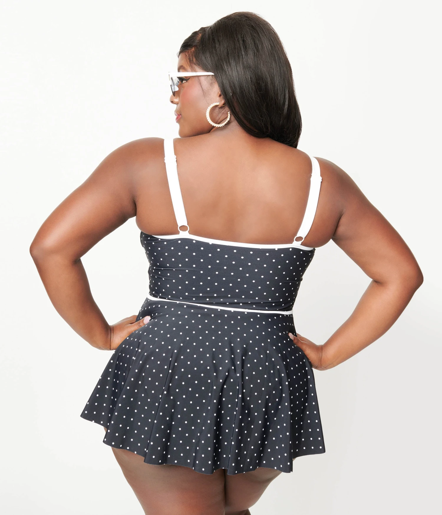 Unique Vintage Plus Size Black & White Polka Dot Skirted Swimsuit - Image 3