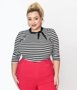Unique Vintage Plus Size Black & White Stripe Three Quarter Sleeve Sweetie Knit Top