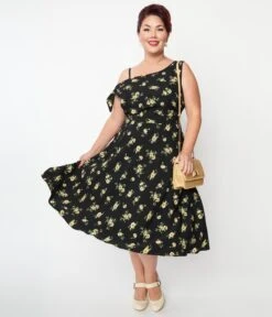 Unique Vintage Plus Size Black & Yellow Floral Bow Tie Swing Dress