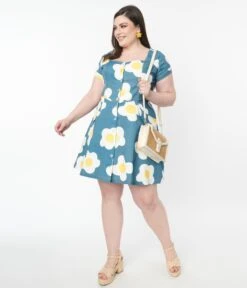 Unique Vintage Plus Size Blue Denim & Egg Flower Print Fit & Flare Dress