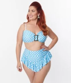 Unique Vintage Plus Size Blue Gingham Ruffle High Waist Swim Bottom