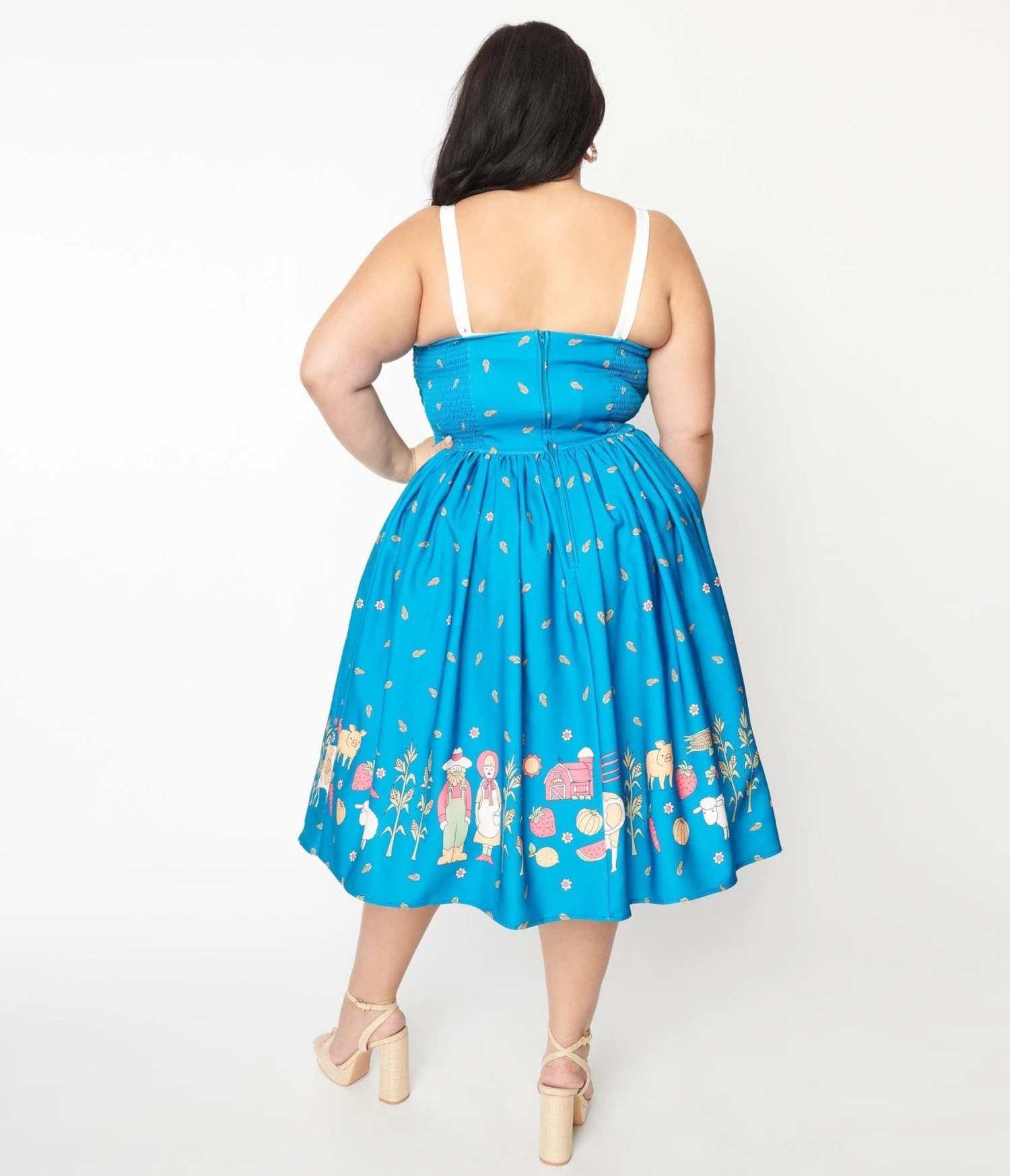 Unique Vintage Plus Size Blue & White Farm Border Golightly Swing Dress - Image 3