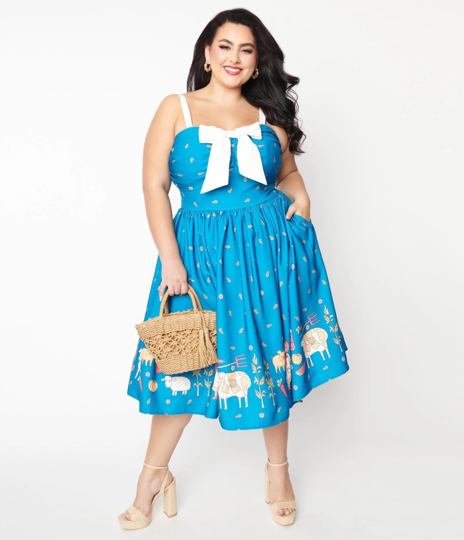 Unique Vintage Plus Size Blue & White Farm Border Golightly Swing Dress - Image 4