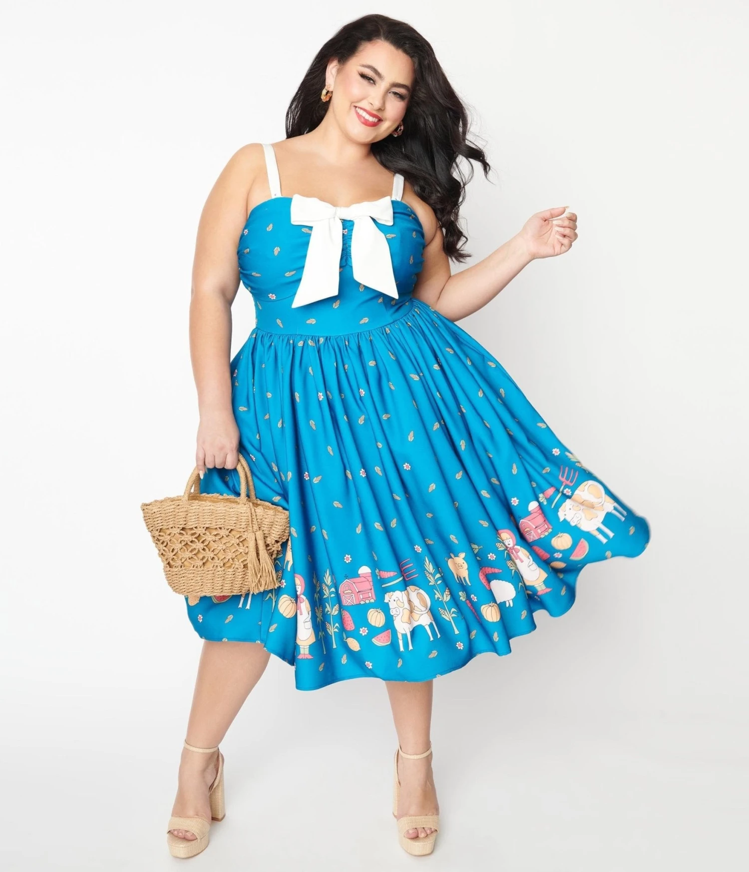 Unique Vintage Plus Size Blue & White Farm Border Golightly Swing Dress - Image 5