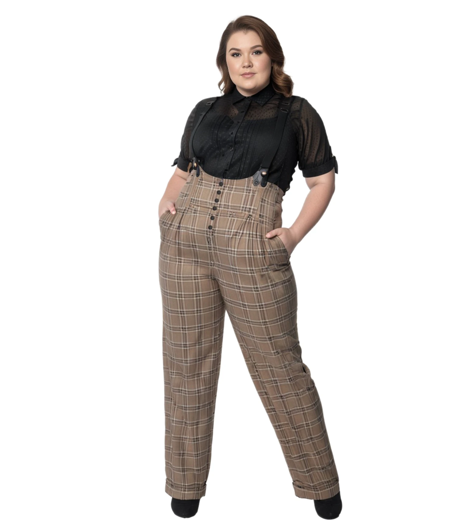 Unique Vintage Plus Size Dark Beige Windowpane Thelma Suspender Pants
