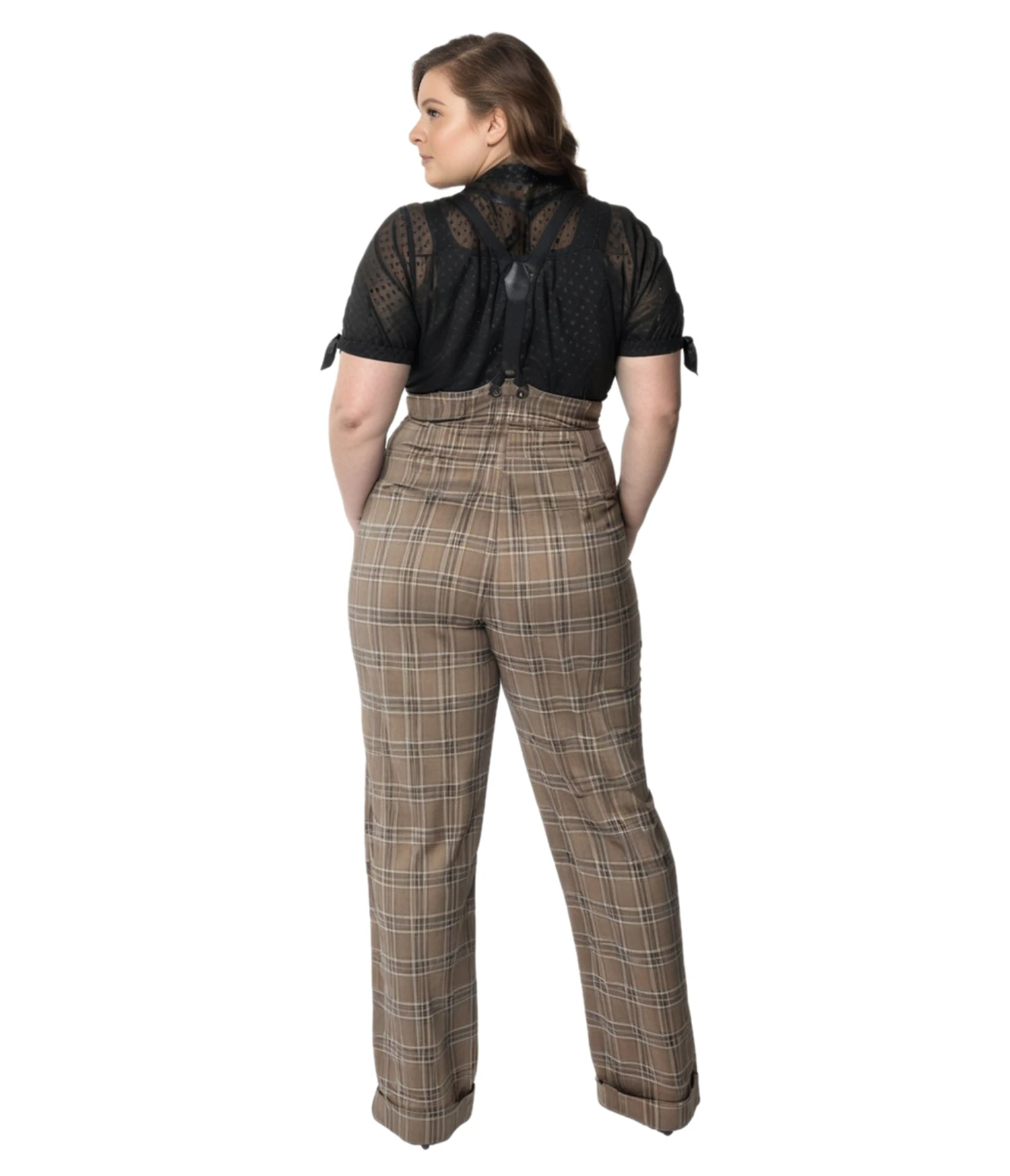 Unique Vintage Plus Size Dark Beige Windowpane Thelma Suspender Pants - Image 2