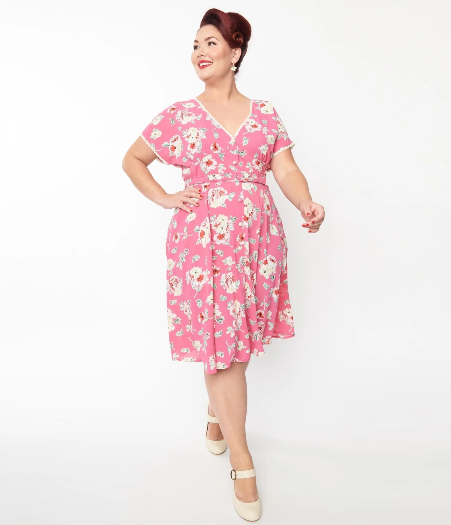 Unique Vintage Plus Size Fuchsia Floral Flutter Sleeve Swing Dress - Image 5