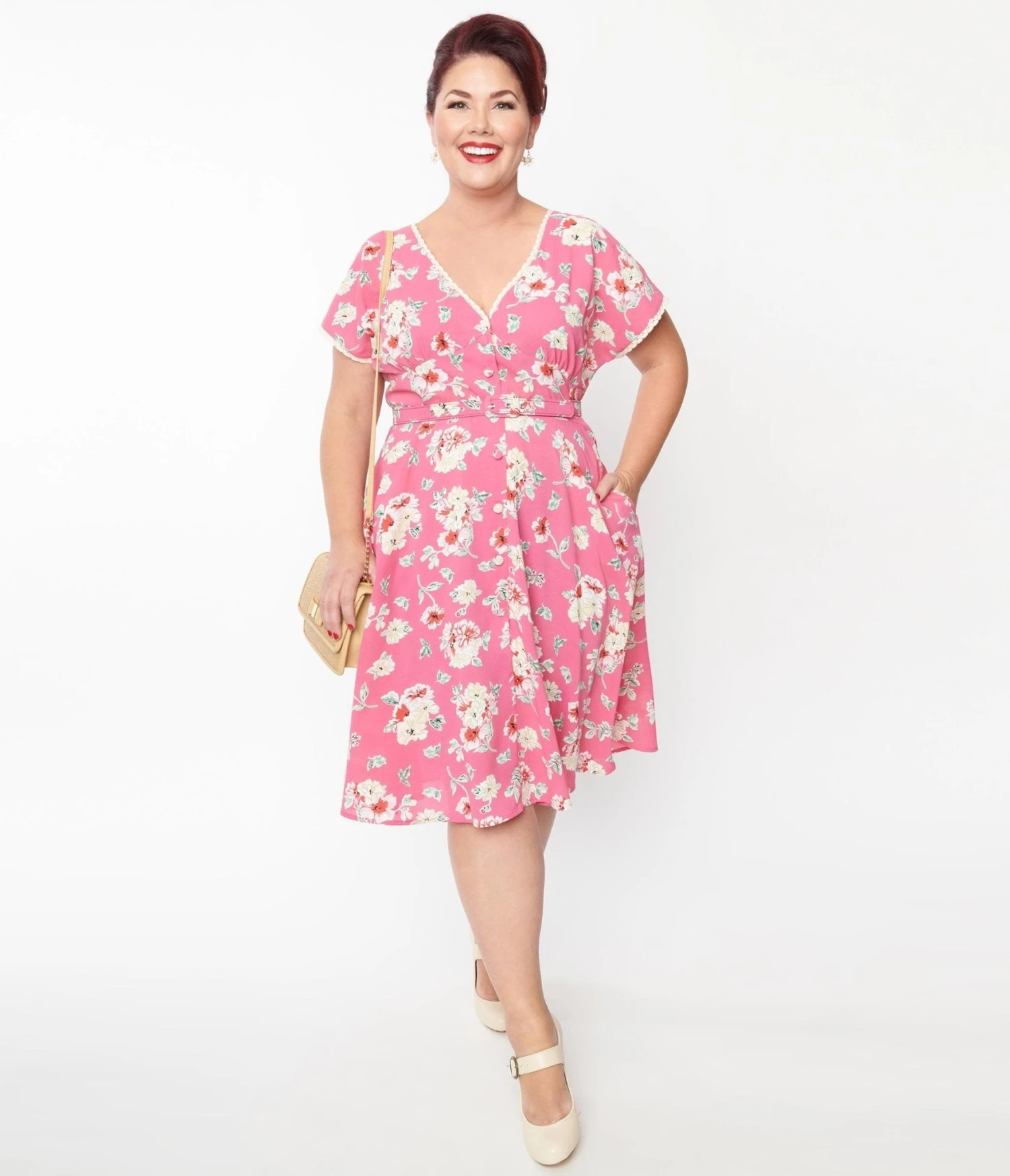 Unique Vintage Plus Size Fuchsia Floral Flutter Sleeve Swing Dress - Image 4