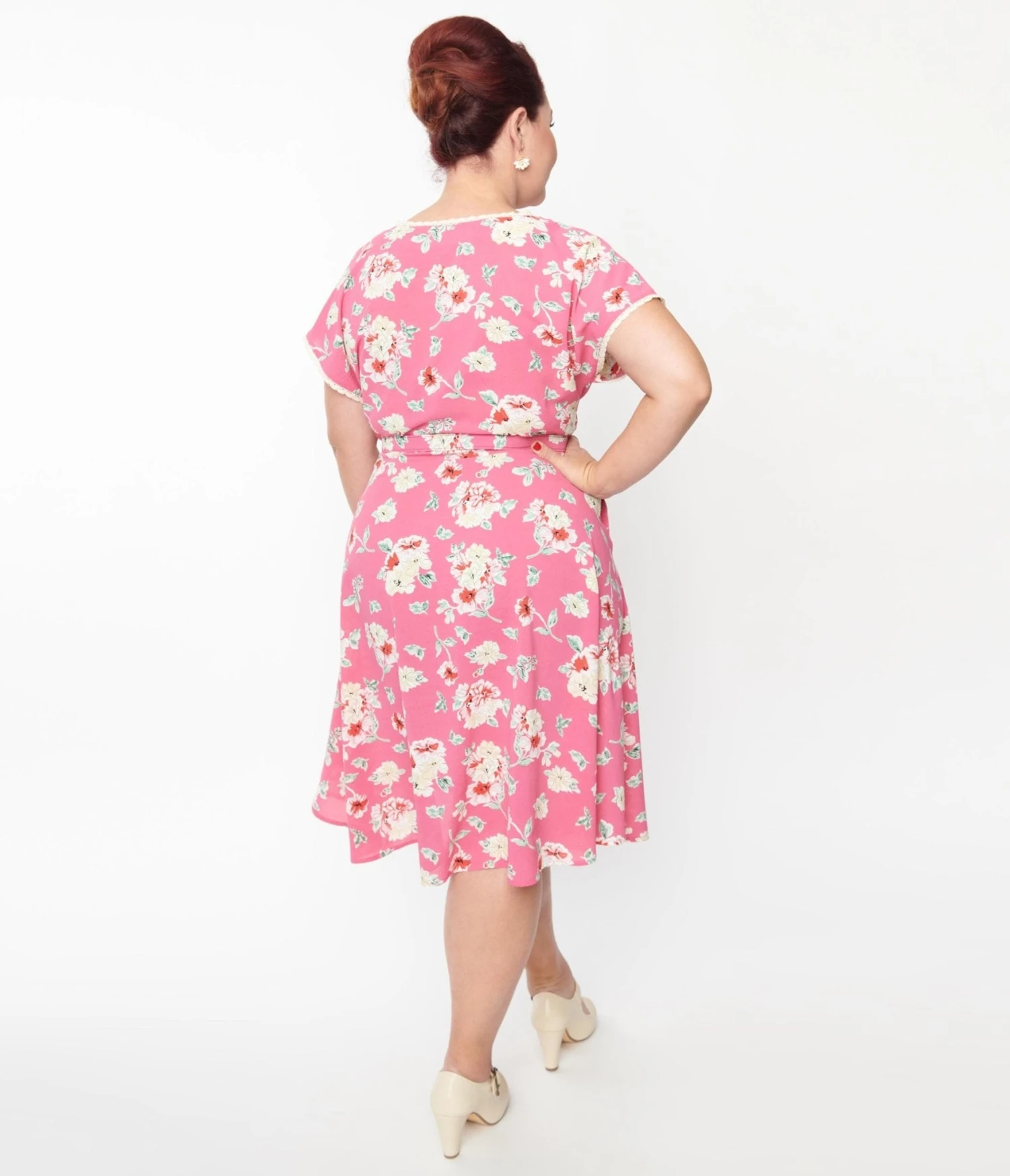 Unique Vintage Plus Size Fuchsia Floral Flutter Sleeve Swing Dress - Image 3