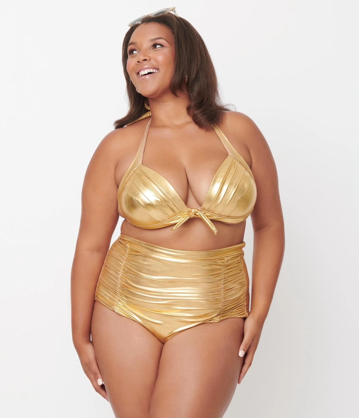 Unique Vintage Plus Size Gold Monroe High Waist Swim Bottom - Image 5