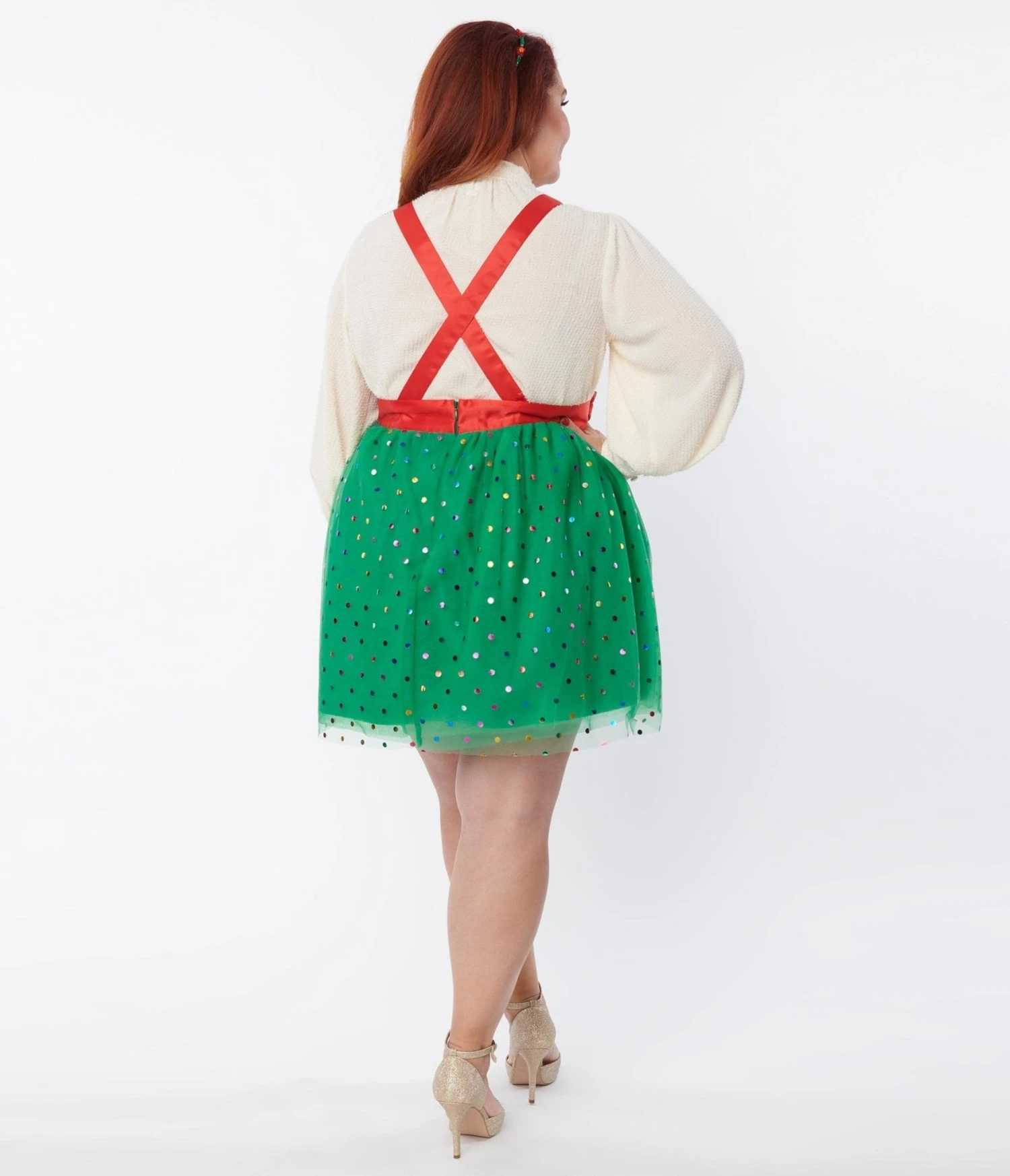Unique Vintage Plus Size Green & Multi Polka Dot Tulle Suspender Mini Skirt - Image 2