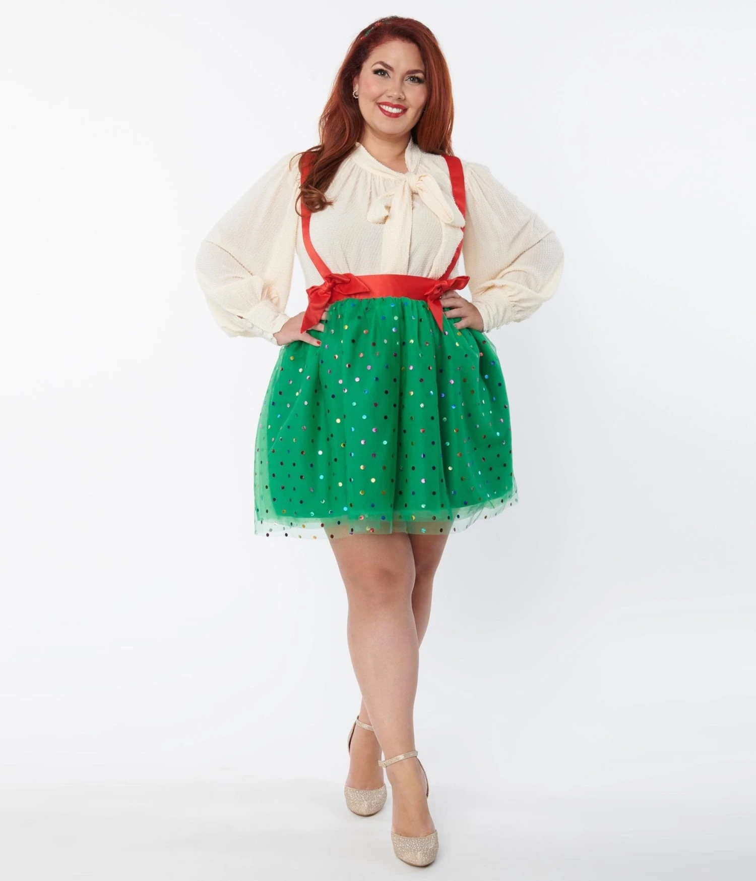 Unique Vintage Plus Size Green & Multi Polka Dot Tulle Suspender Mini Skirt - Image 5