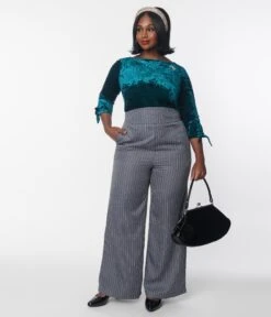 Unique Vintage Plus Size Grey Pinstripe High Waist Pants