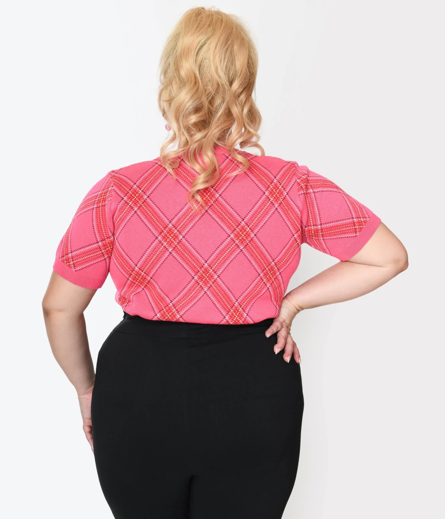 Unique Vintage Plus Size Hot Pink Bias Plaid Short Sleeve Sweater - Image 3