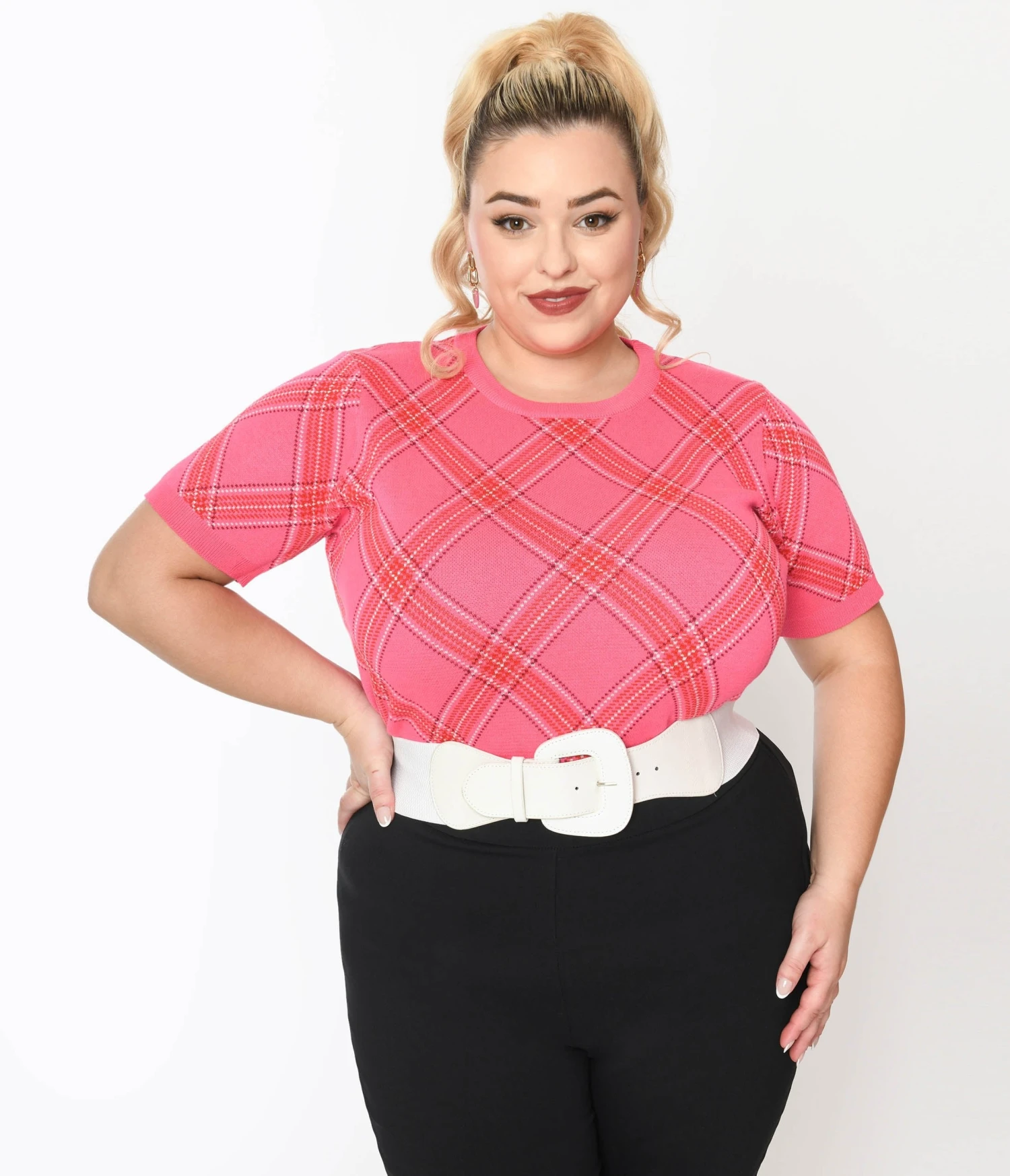 Unique Vintage Plus Size Hot Pink Bias Plaid Short Sleeve Sweater