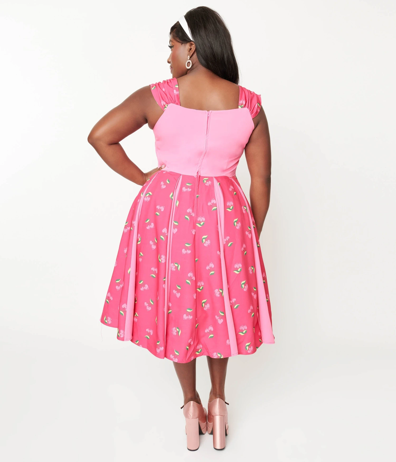 Unique Vintage Plus Size Hot Pink & Heart Cherry Stripe Swing Dress - Image 3