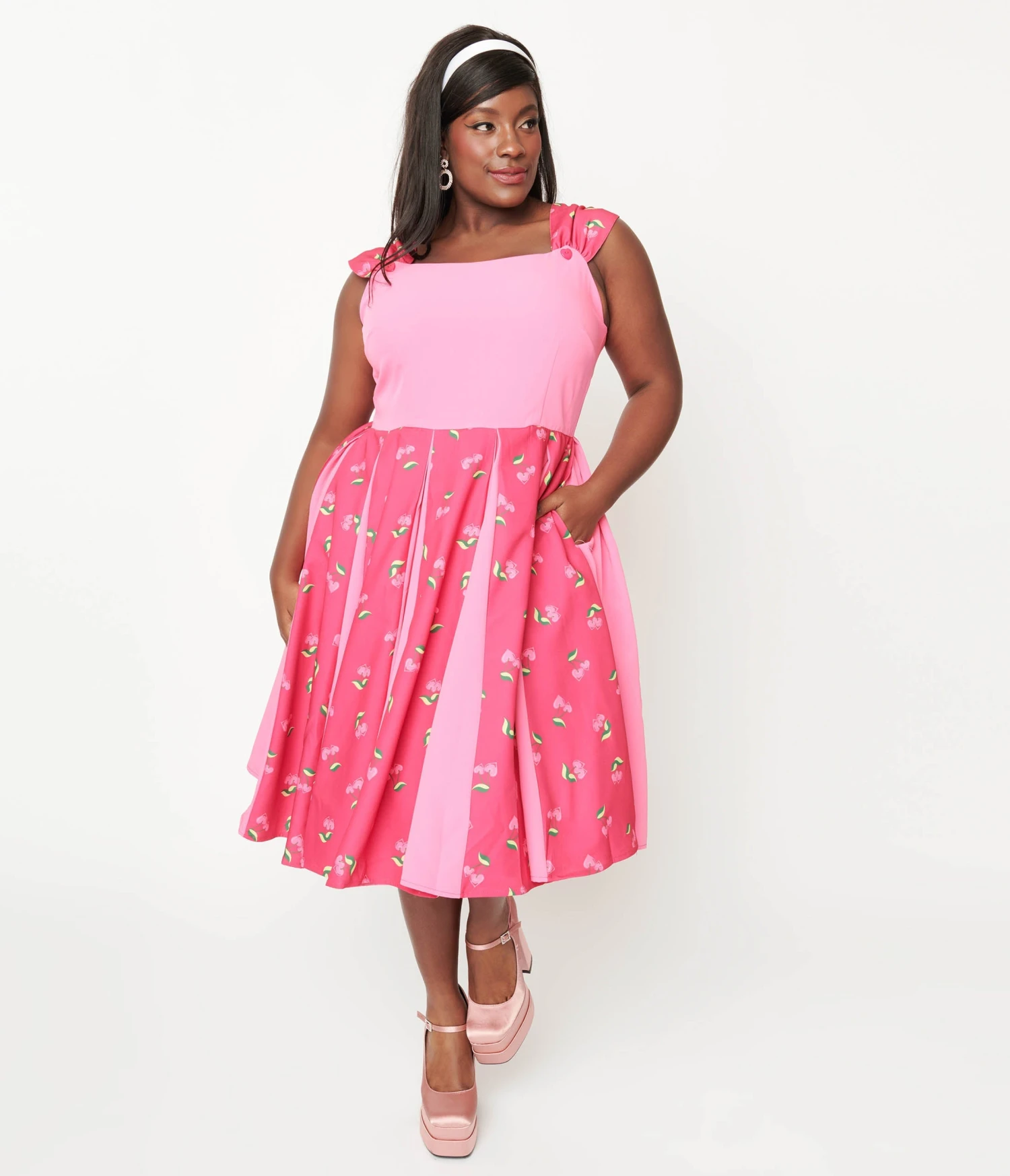 Unique Vintage Plus Size Hot Pink & Heart Cherry Stripe Swing Dress - Image 2