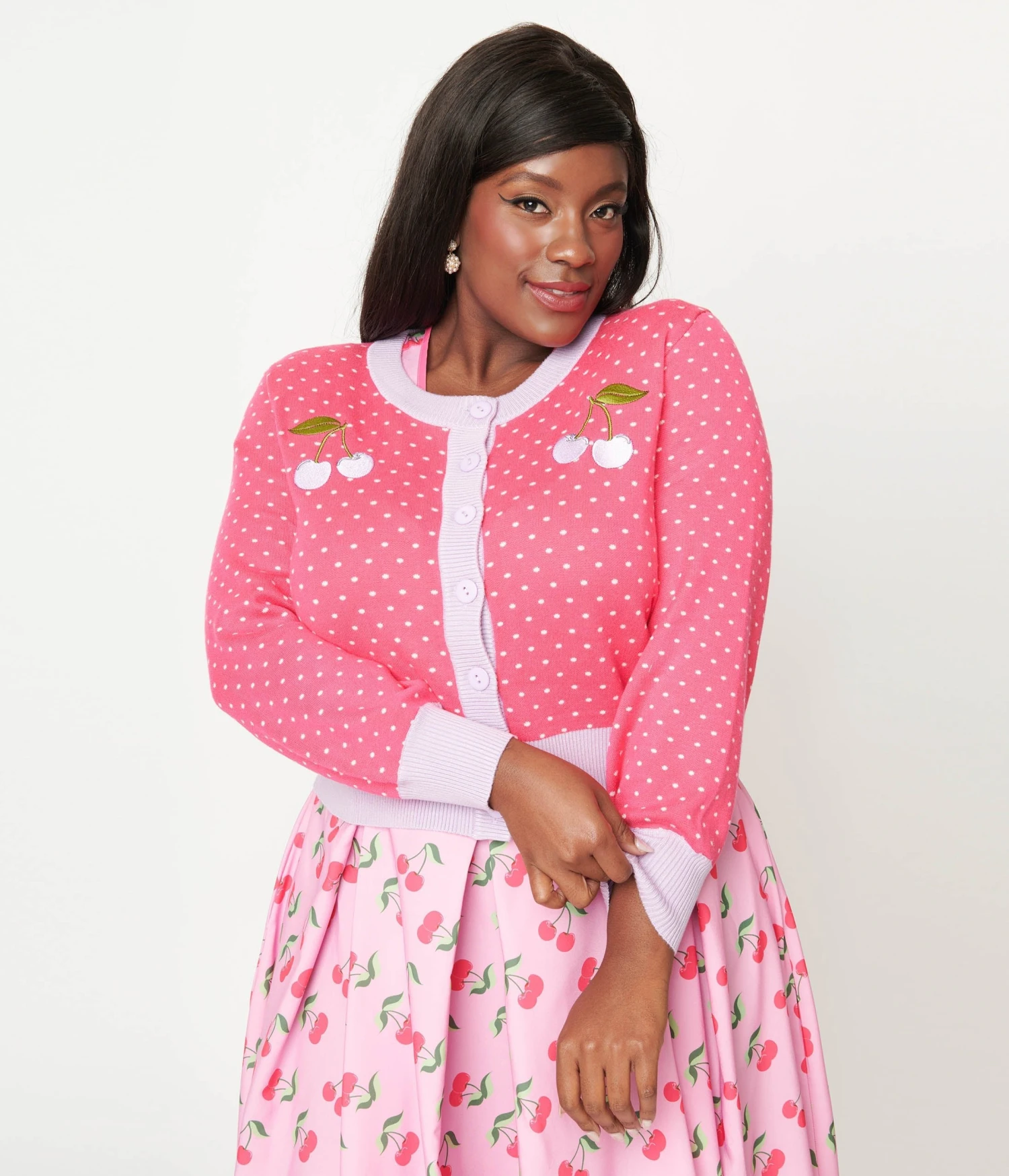 Unique Vintage Plus Size Hot Pink & Lavender Pin Dot Cherry Cropped Cardigan